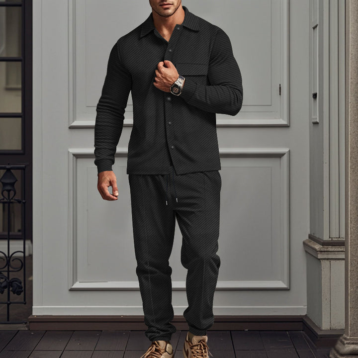 Men's urban lounge two-piece set with shirt jacket, chest pocket, and drawstring joggers made of textured cotton blend Mune Fashion