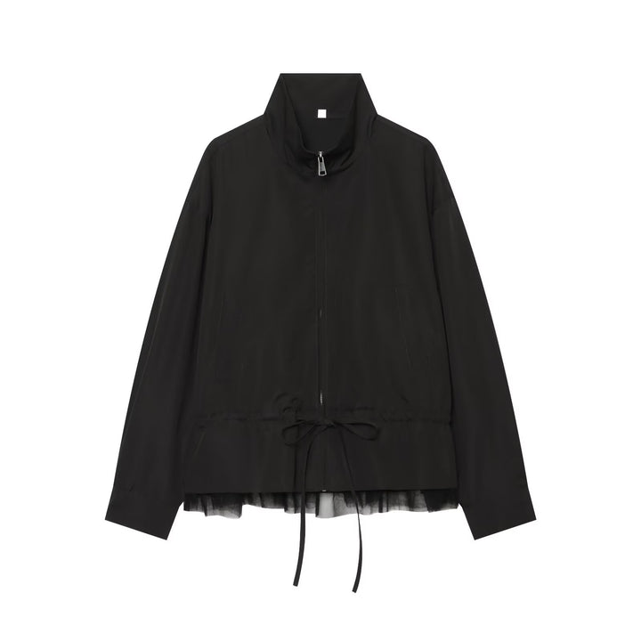 Women's windbreaker jacket in blouson cut with stand-up collar, drawstring and tulle hem.