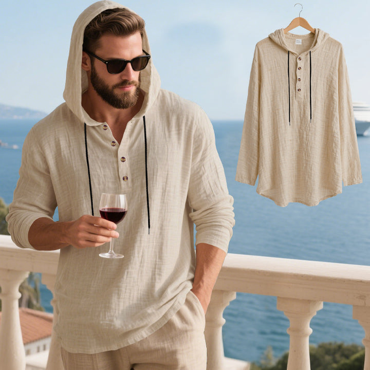 Men's casual hooded Henley shirt in linen look with continuous button placket and relaxed fit Mune Fashion