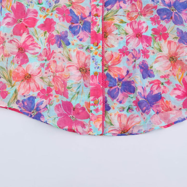 Women's Lightweight Blouse in Watercolor Floral Pattern with Stand Collar and Three-Quarter Sleeves Mune Fashion