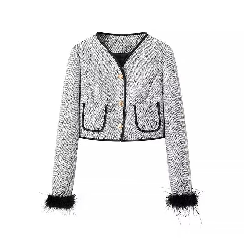 Women's Two-Piece Boucle Tweed Set with Short Blazer, Decorative Buttons and Mini Skirt Mune Fashion