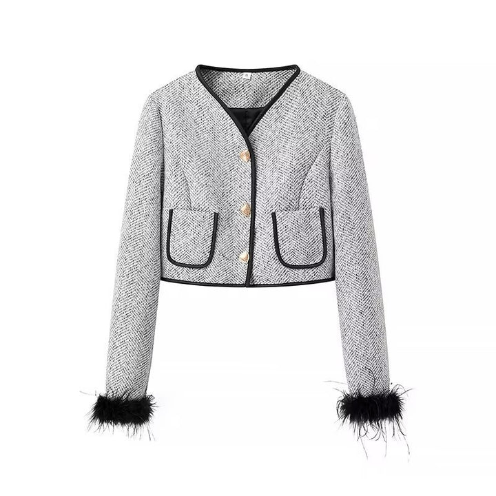 Women's Two-Piece Boucle Tweed Set with Short Blazer, Decorative Buttons and Mini Skirt Mune Fashion