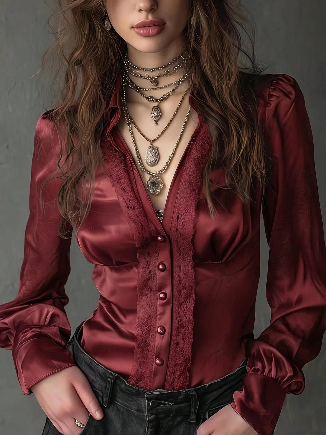 Women Tailored Satin Blouse with Lace Yoke, Button Placket and Puff Sleeves Mune Fashion