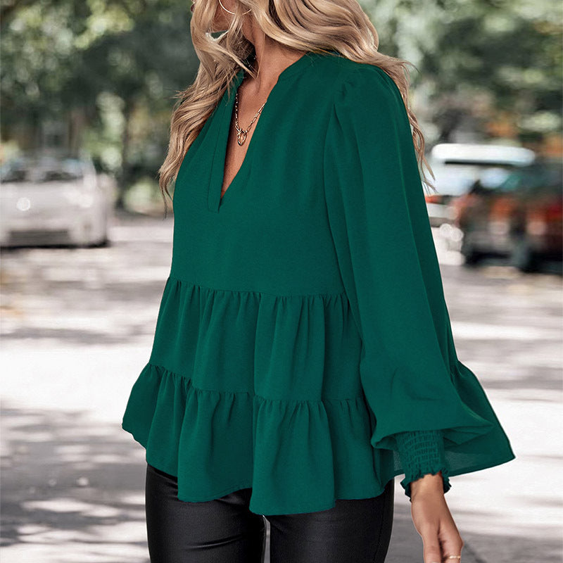 Women's Two-Tier Ruffle Blouse with V-Neck and Gathered Cuff Sleeves Mune Fashion
