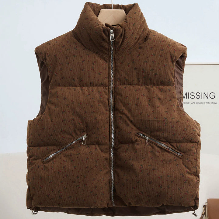 Women's Lightweight Quilted Cord Waistcoat with Stand-Up Collar and Zipper Pockets Mune Fashion