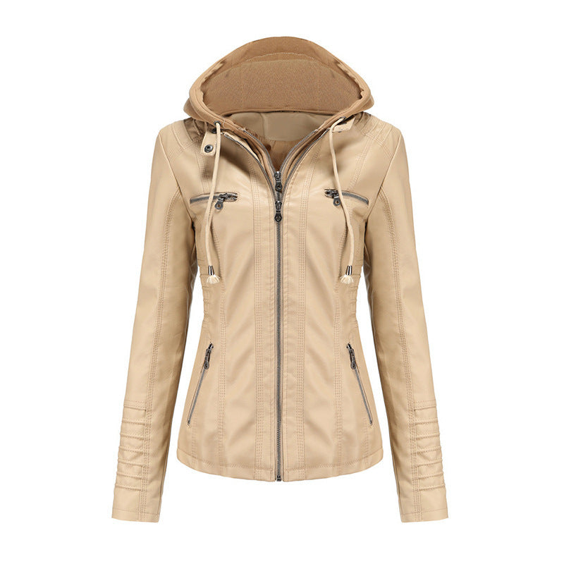 Women Tailored Faux Leather Jacket with Removable Hood and Zipper Mune Fashion
