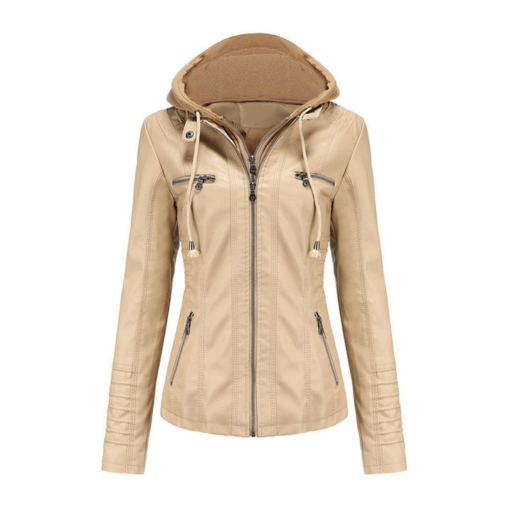 Women Tailored Faux Leather Jacket with Removable Hood and Zipper Mune Fashion
