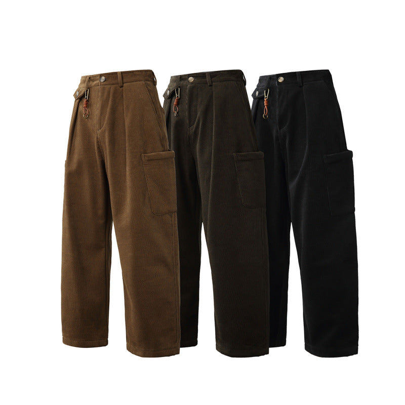 Men's Wide Corduroy Cargo Pants with Pleats, Applied Side Pockets and Relaxed Fit Mune Fashion