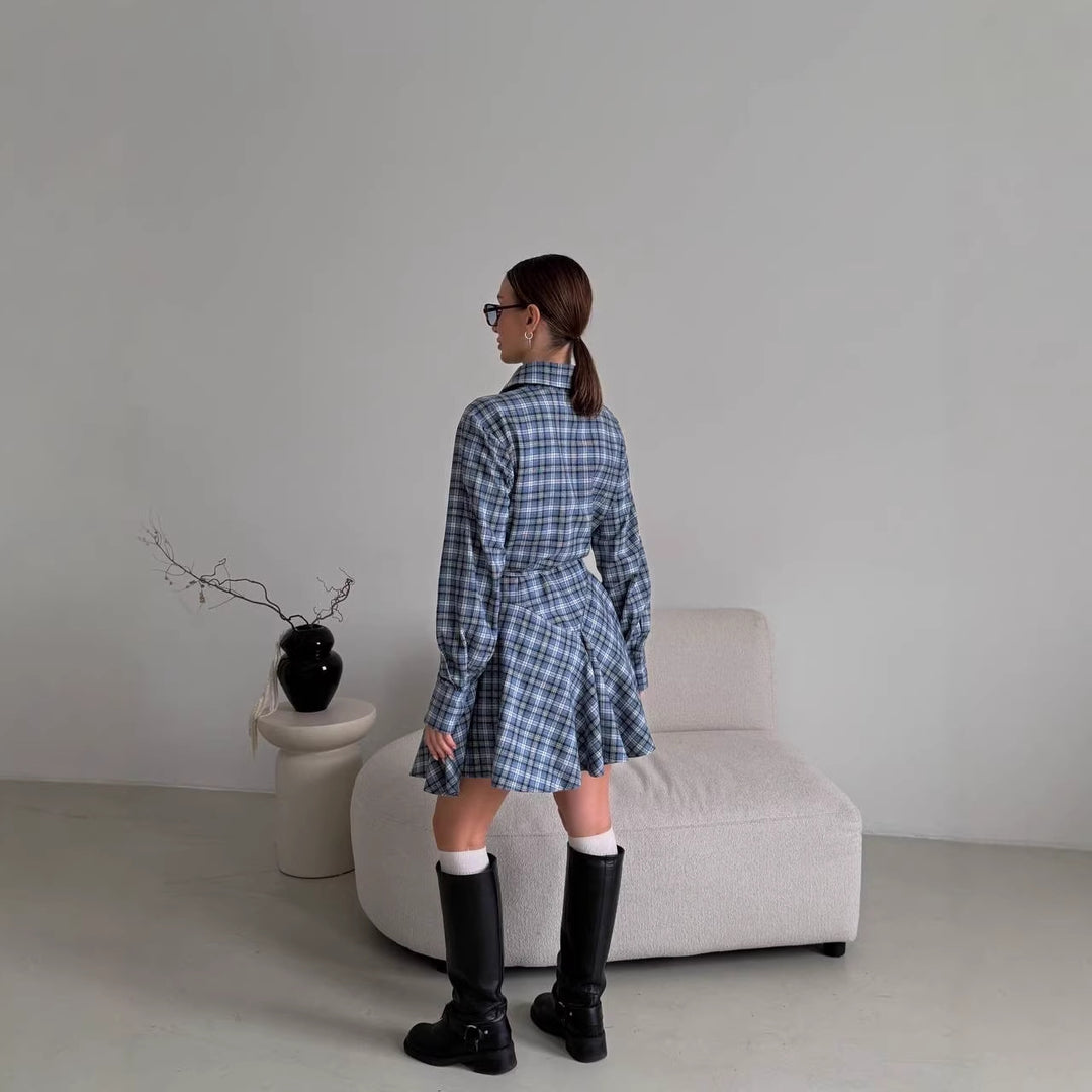 Women's Checked Shirt Blouse Mini Dress with Flared Ruffle Waist Mune Fashion