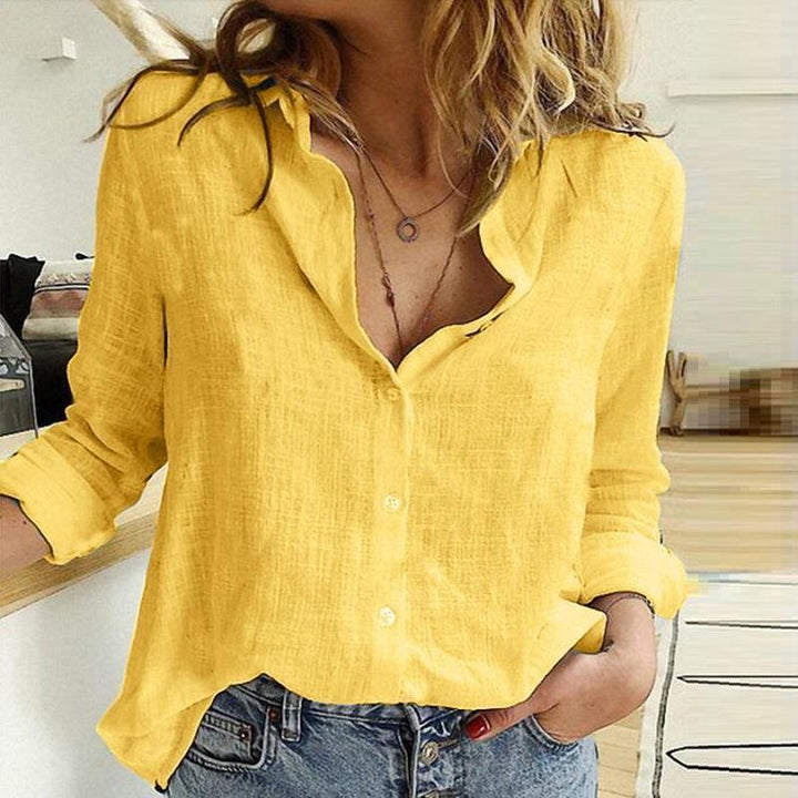 Women's breathable cotton-linen tunic blouse with Kent collar, buttoned V-neck and rounded hem Drune