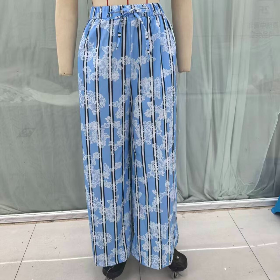 Women's wide palazzo pants with elastic drawstring waistband and floral lace look Mune Fashion