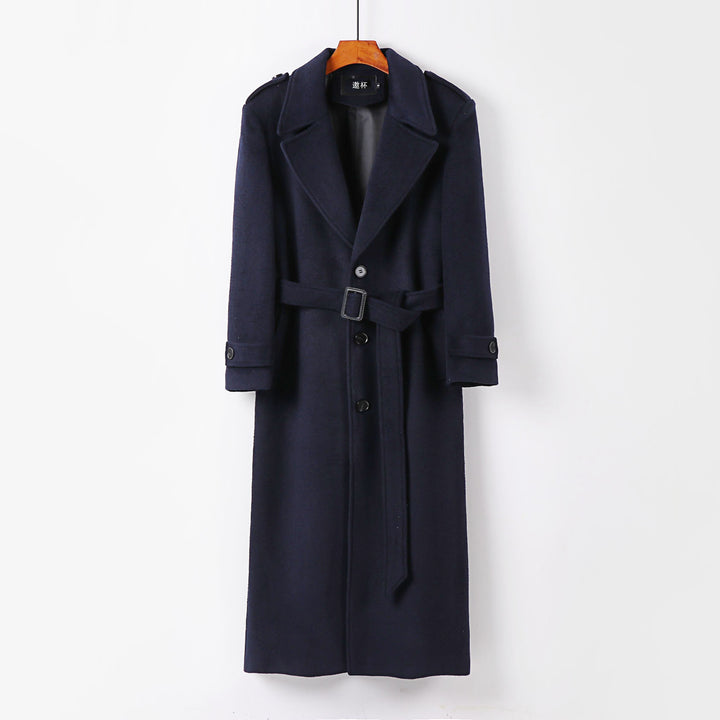 Men's floor-length wool coat with shawl collar, belt, and epaulettes Mune Fashion
