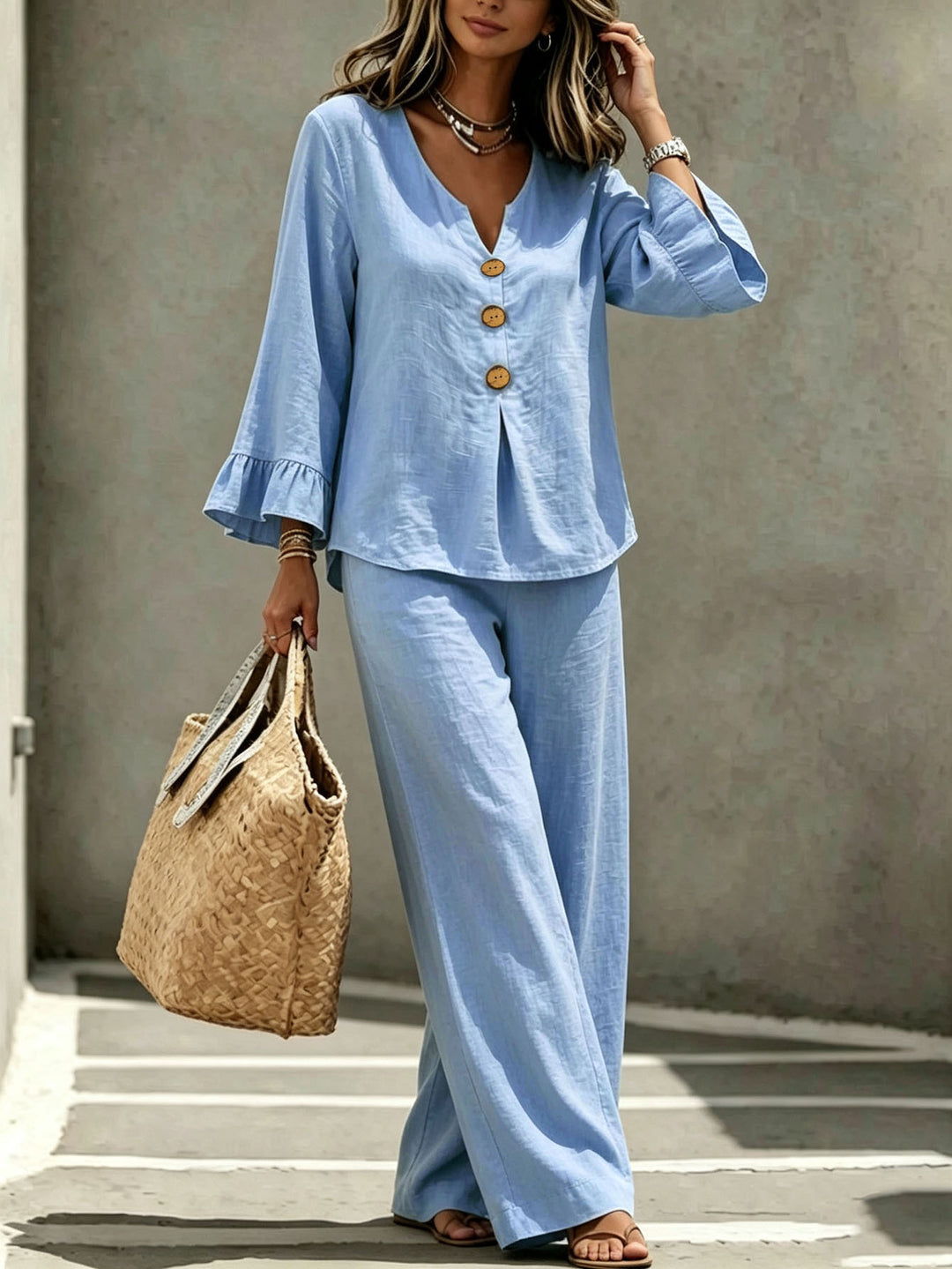 Women Linen Look Loungewear Set with V-Neck Wooden Button Placket and Bell Sleeves Mune Fashion