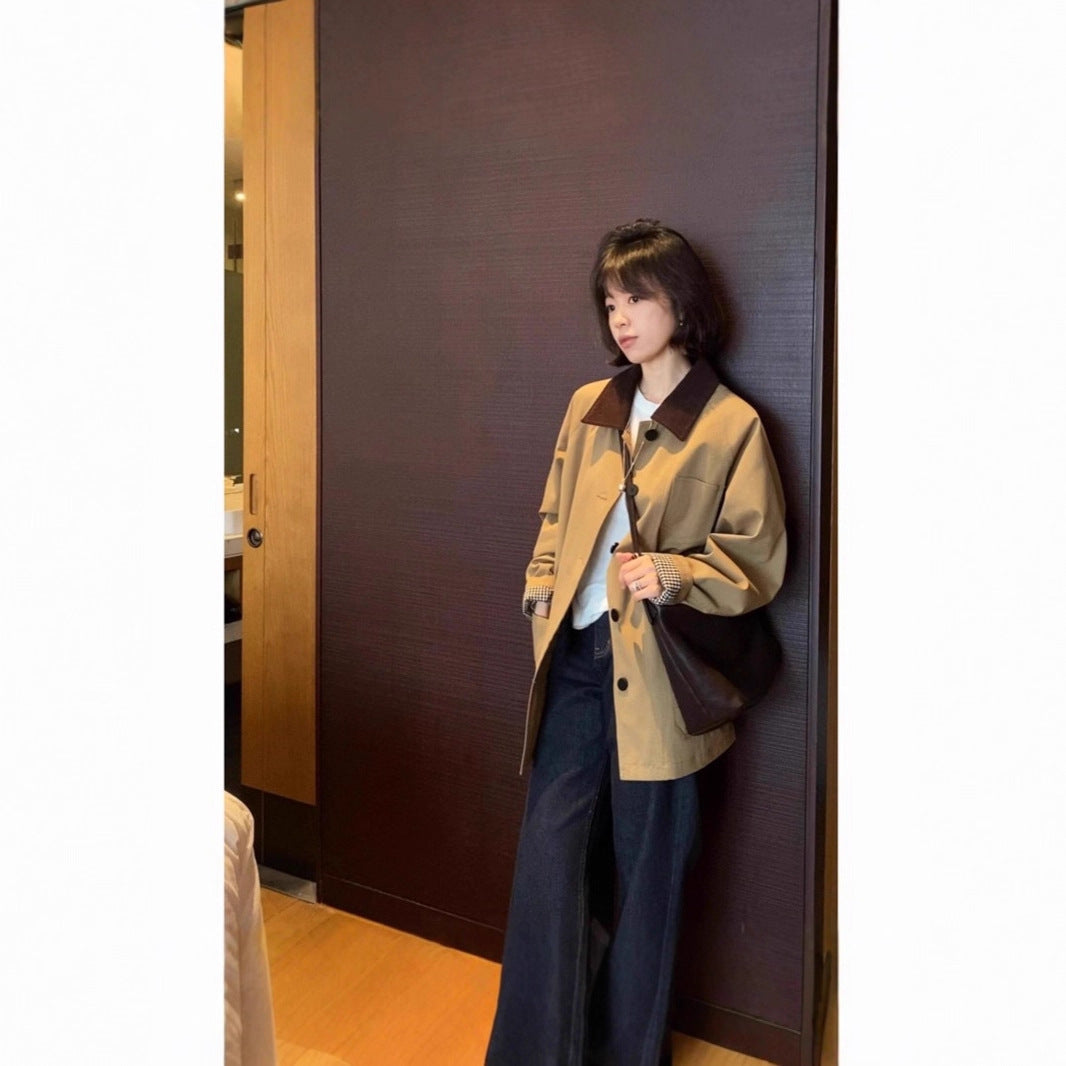 Womens Wide Short Jacket in Cabana Style with Contrast Collar Mune Fashion