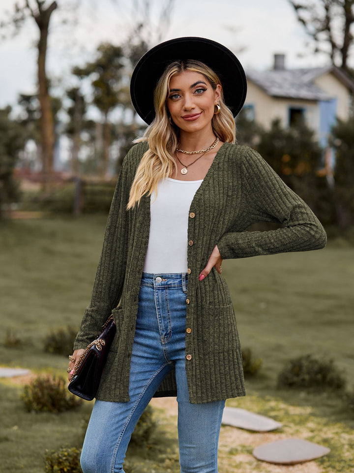 Women Long Cut Ribbed Knit Cardigan with Button Placket and Pocket Mune Fashion