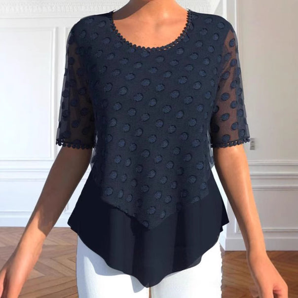 Ladies tulle blouse with embroidered dots, semi-transparent sleeves and asymmetrical tiered hem Mune Fashion