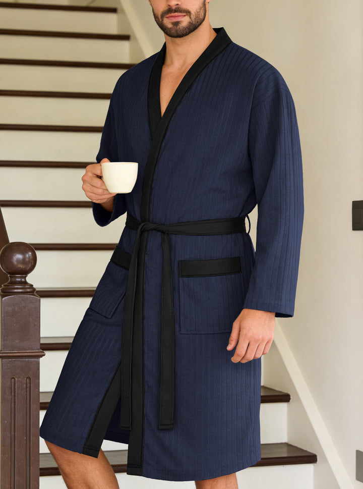 Men's lightweight cotton kimono bathrobe with waffle texture and patch pockets Mune Fashion