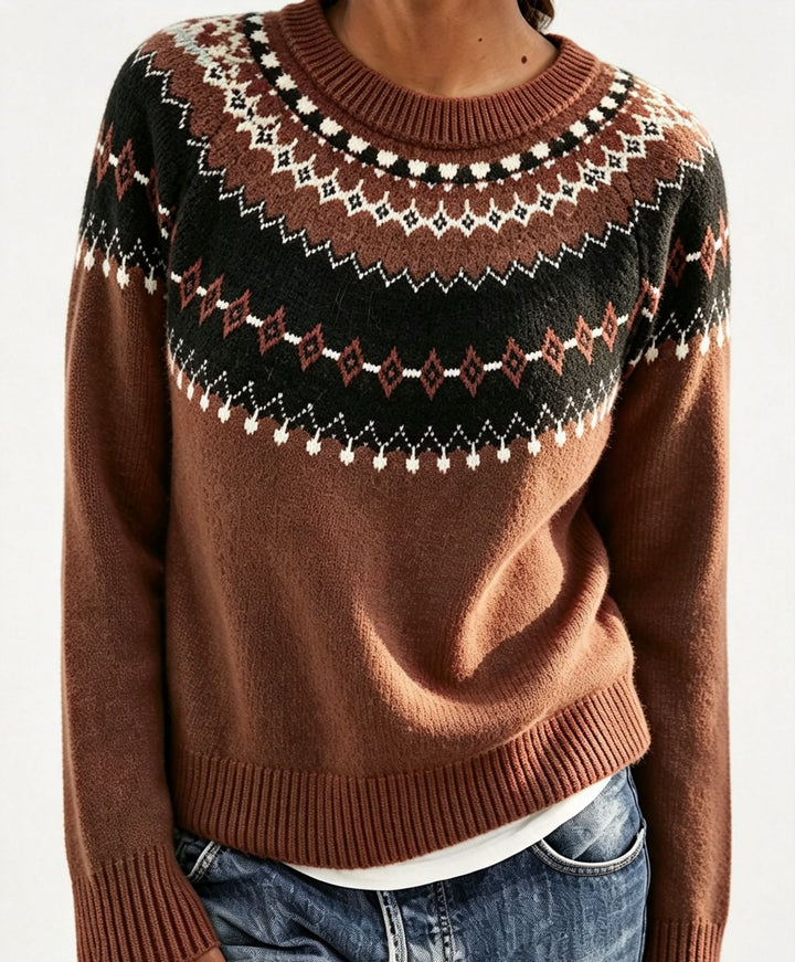 Women Round Neck Norwegian Sweater with Fair Isle Jacquard Mune Fashion