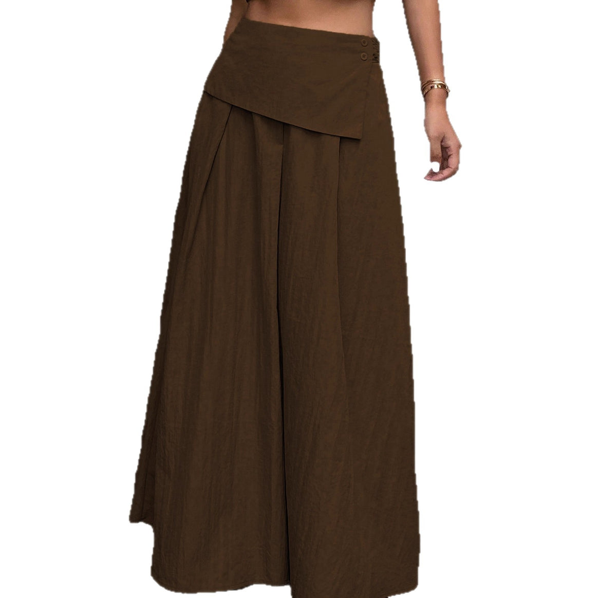 Women Long A-Line Maxi Skirt with Asymmetric Wrap Panel and Pleats Mune Fashion