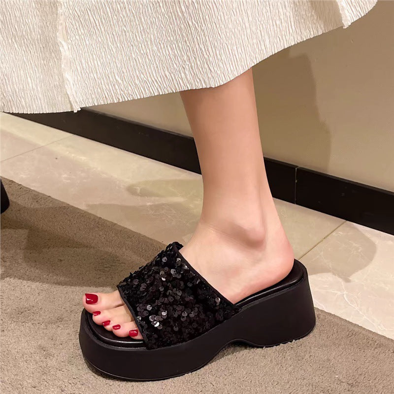Women's Platform Mules with Sparkling Sequin Upper and Ergonomic Wedge Sole Mune Fashion