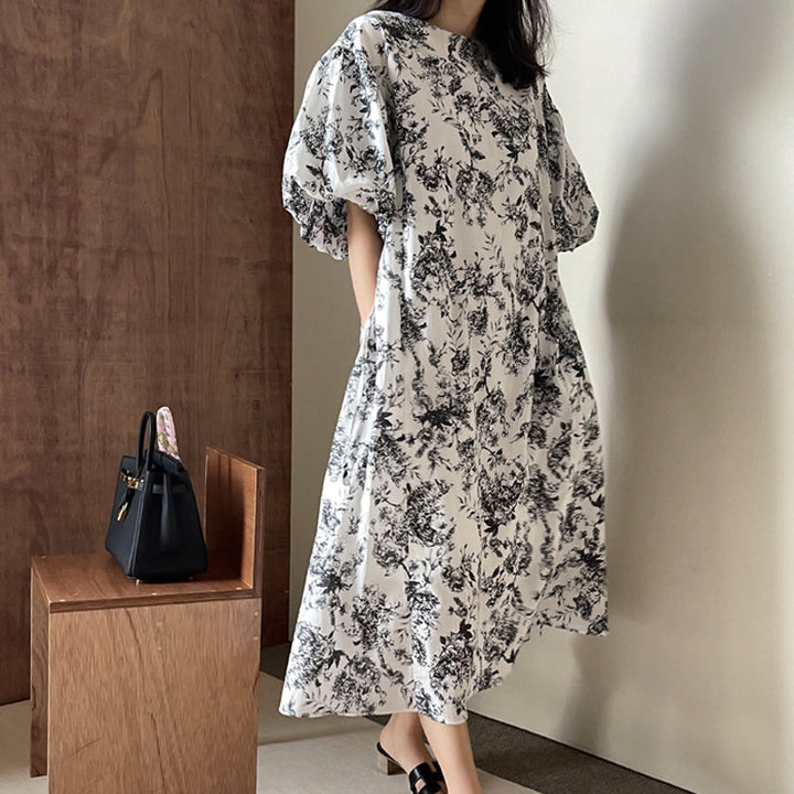 Women's Flared Midi Dress with Floral Toile Look, Puff Sleeves and Side Pockets Mune Fashion
