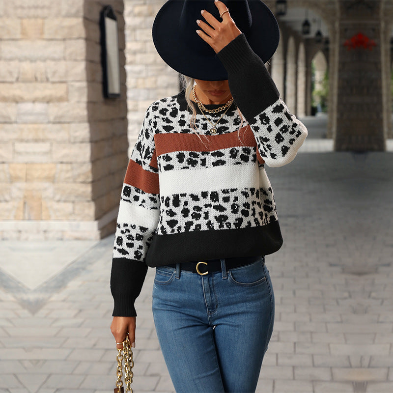 Women's fine knit pullover with animal print block stripes and ribbed hem Mune Fashion