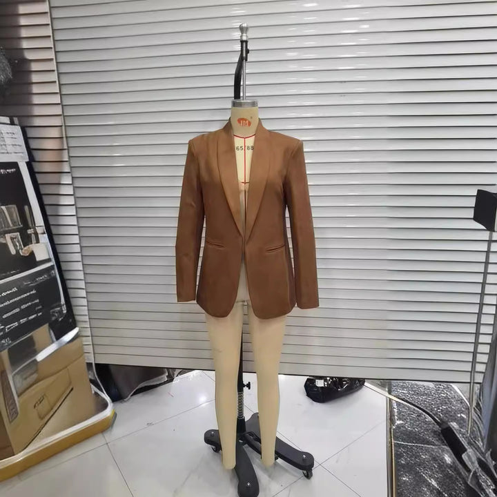 Women's long cut blazer in suede imitation with soft shawl collar and piped welt pockets Mune Fashion