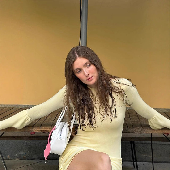 Women's Figure-hugging Gathered Mini Dress with Long Trumpet Sleeves Mune Fashion