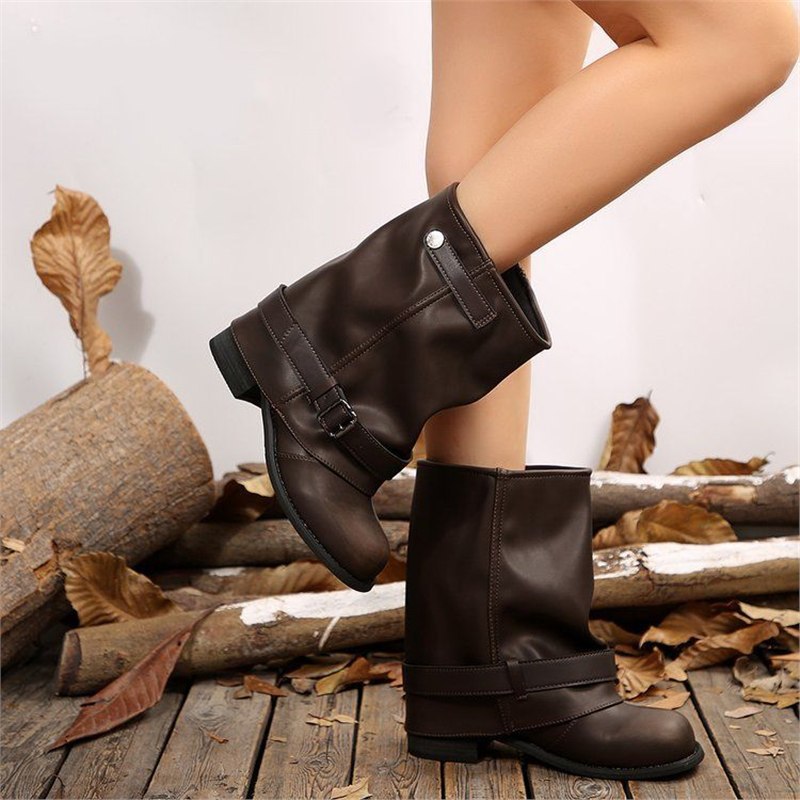 Women Slouchy Biker Boots in Leather Look with Adjustable Buckle Strap and Medium Block Heel Mune Fashion