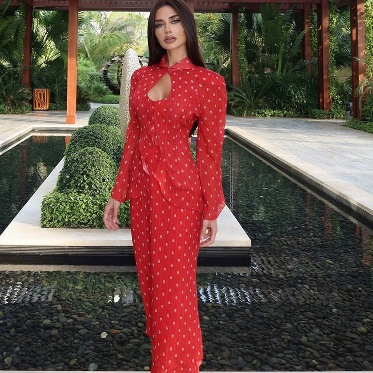 Women's Tailored Midi Dress with Keyhole Neckline, Peplum and Long Puff Sleeves Mune Fashion