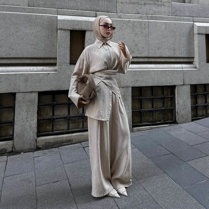 Women's casual tunic set with wrap belt and wide palazzo pants Mune Fashion