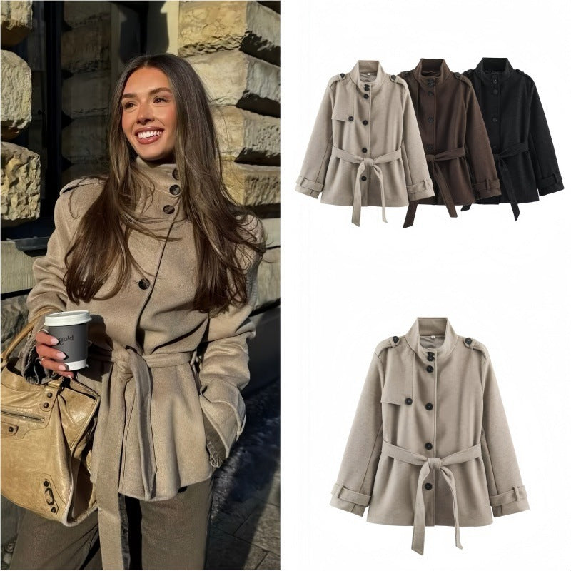 Women Short fitted coat with stand-up collar, shoulder straps and tie belt Mune Fashion