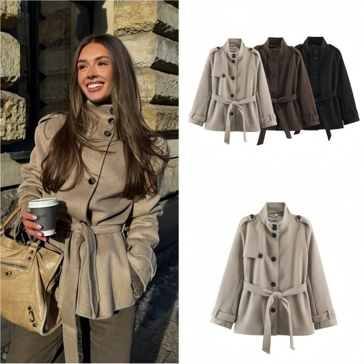 Women Short fitted coat with stand-up collar, shoulder straps and tie belt Mune Fashion