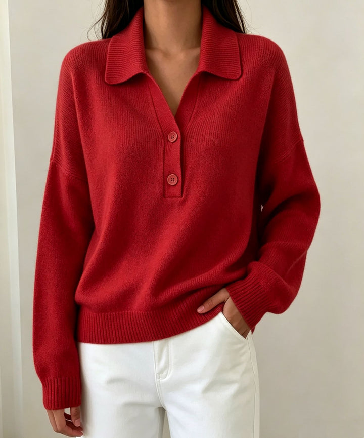 Women Polo Collar Sweater with Half Button Placket and Ribbed Hem Mune Fashion