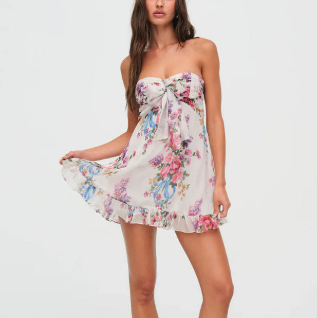 Women's Off-Shoulder Chiffon Dress with Front Bow and Ruffle Hem Mune Fashion