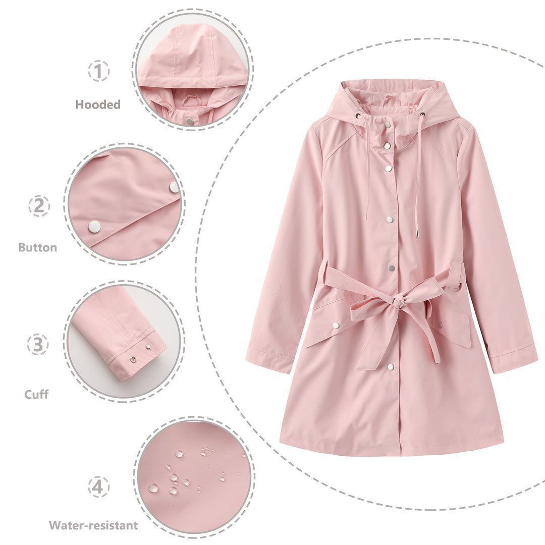 Women's lightweight raincoat in A-line cut with hood, drawstring, and tie belt Mune Fashion