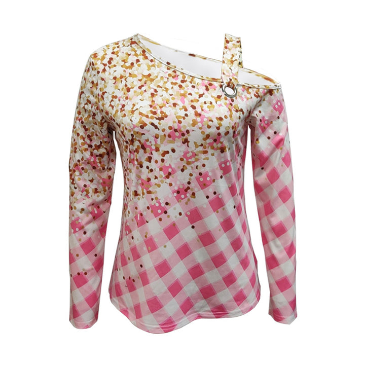 Women Off-Shoulder Long Sleeve Shirt with Gingham Check and One-Shoulder Strap Mune Fashion