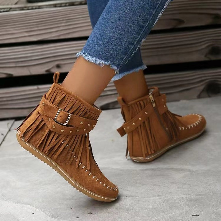 Ladies nan fringe ankle boots with decorative eyelets, side slit zipper and decorative buckle Mune Fashion