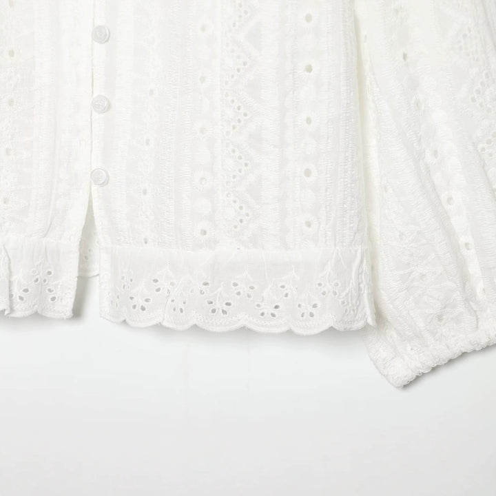 Women's cotton lace cardigan with V-neck, button placket and balloon sleeves Mune Fashion