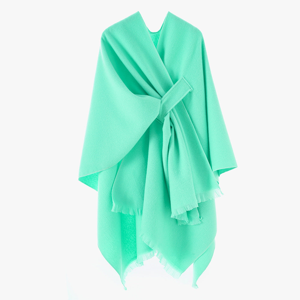 Women's lightweight wool blend wrap with fringes and tie belt Mune Fashion