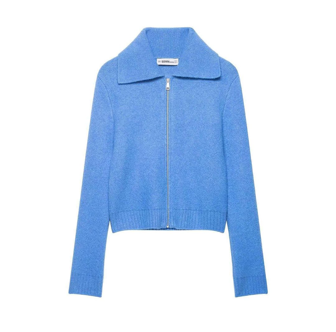 Ladies short-cut cardigan with zipper, wide shawl collar and ribbed hem Mune Fashion