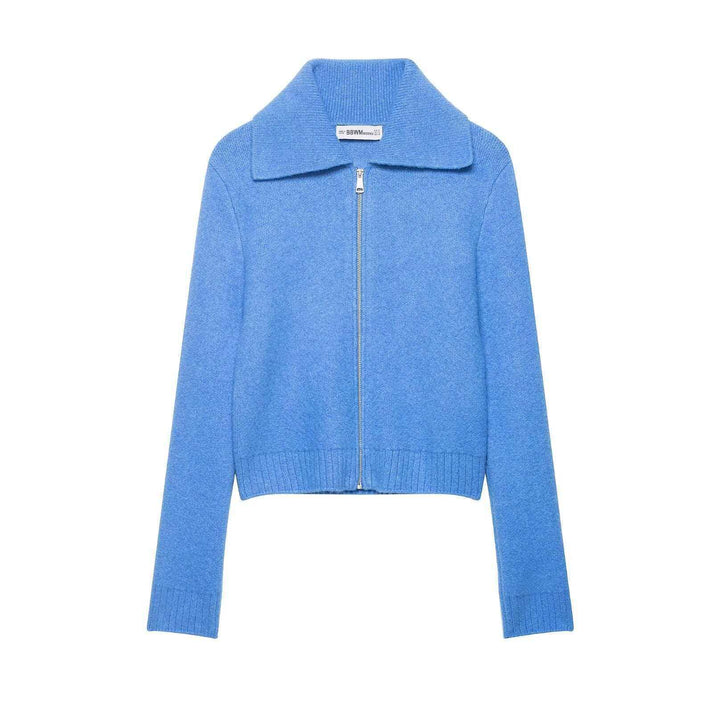 Ladies short-cut cardigan with zipper, wide shawl collar and ribbed hem Mune Fashion