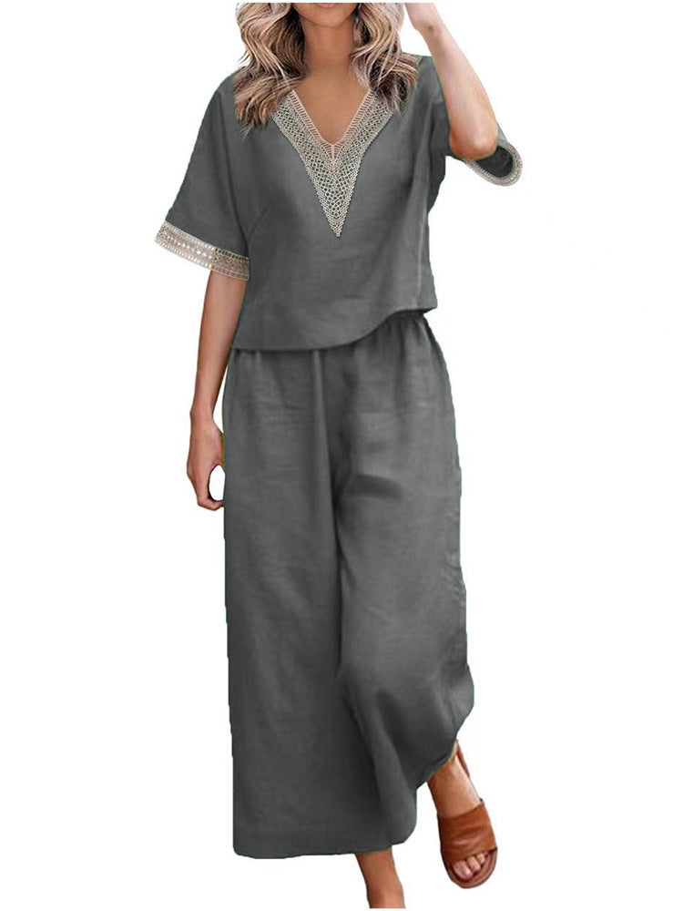 Ladies Fashionable Two-Piece Set with V-Neck and Decorative Accents Mune Fashion