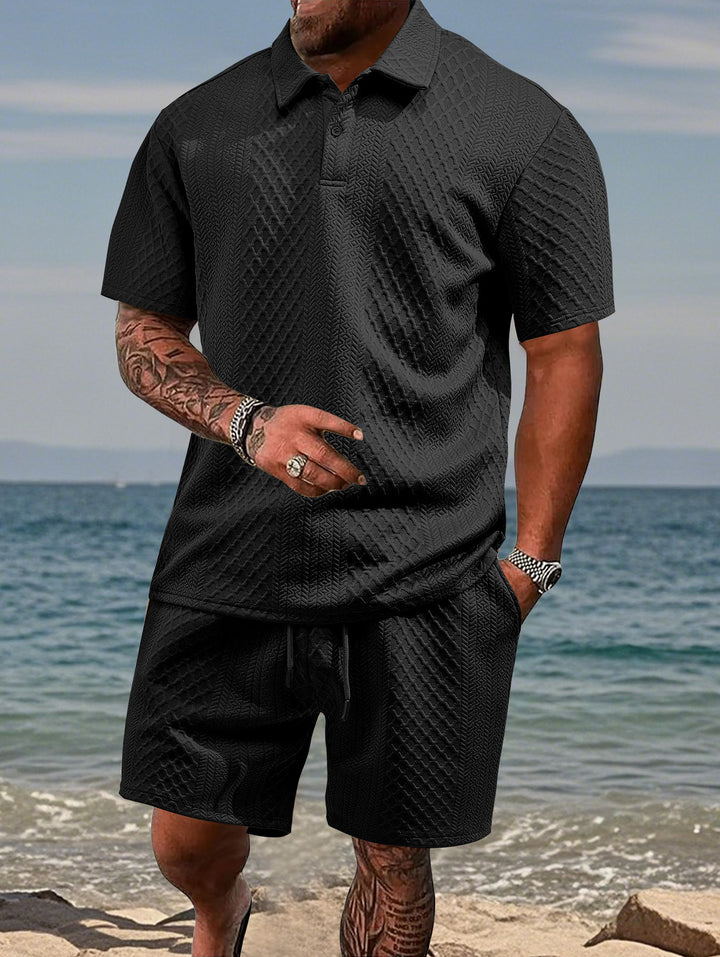 Men's embossed beach ensemble with open short sleeve shirt and cord Bermuda Mune Fashion