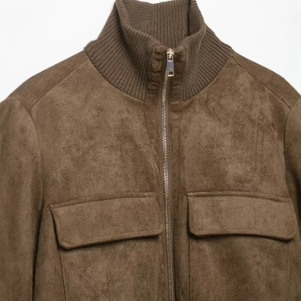 Ladies short-cut suede bomber jacket with ribbed collar and patch flap pockets Mune Fashion
