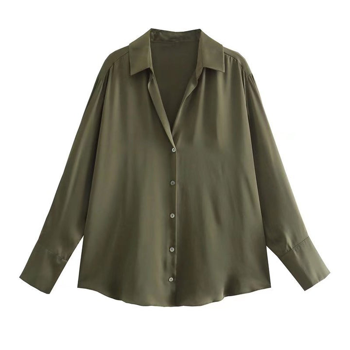 Ladies Oversized Satin Blouse with Shirt Collar and Wide Cuffs Mune Fashion