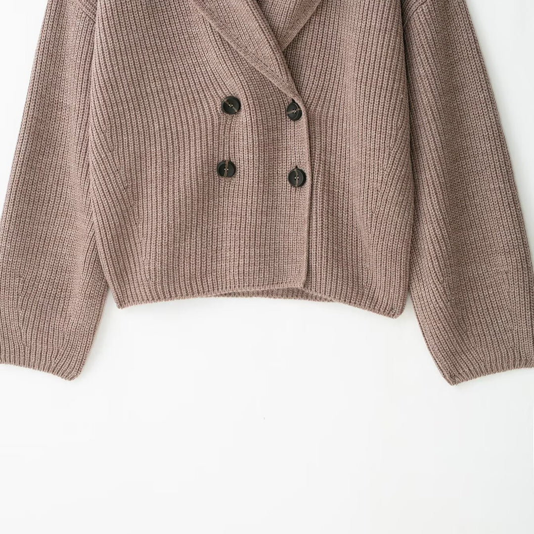 Women's Short Cut Chunky Knit Cardigan with Shawl Collar and Double-Breasted Button Placket Mune Fashion