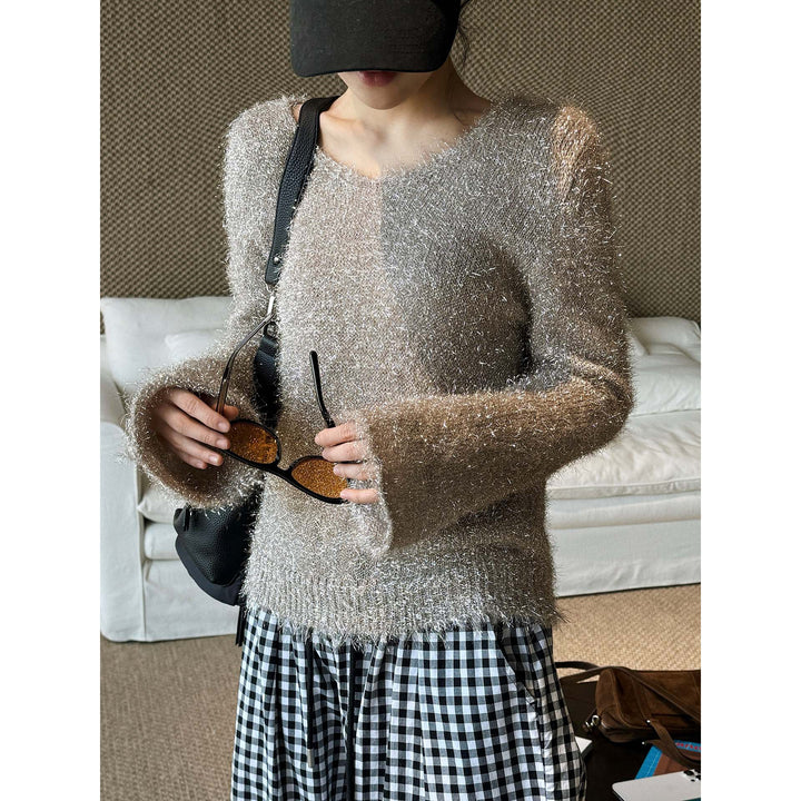 Women's fluffy fine knit sweater with effect yarn and shiny threads Mune Fashion