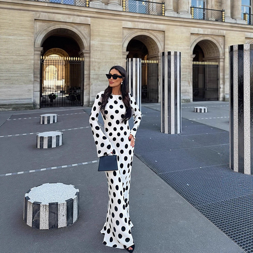 Women's Figure-Hugging Polka Dot Maxi Dress with Trumpet Sleeves & Round Neckline Mune Fashion