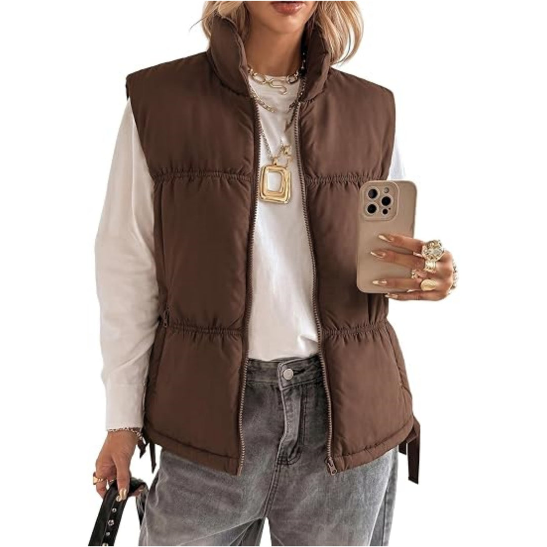 Women's padded quilted vest with stand-up collar, zipper, and drawstring Mune Fashion